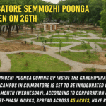 A landscape view of the new Semmozhi Poonga eco-park inside Gandhipuram Central Prison campus in Coimbatore, showing pathways, trees, and greenery.