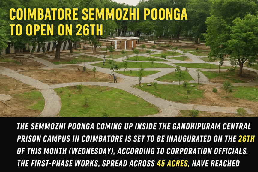 A landscape view of the new Semmozhi Poonga eco-park inside Gandhipuram Central Prison campus in Coimbatore, showing pathways, trees, and greenery.