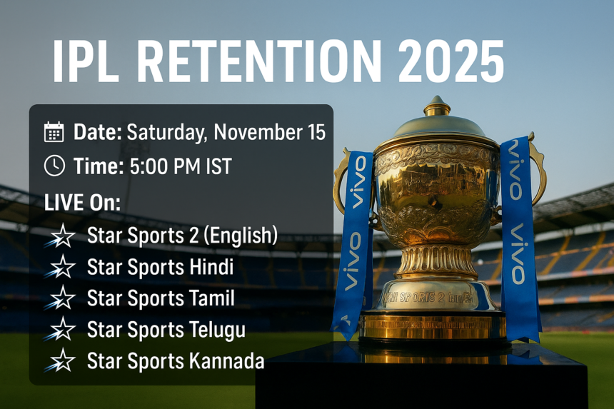 A promotional poster announcing the TATA IPL Retention 2025 live event scheduled for November 15 at 5 PM, featuring multiple cricket players and Star Sports channels.