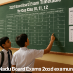 Students checking the Tamil Nadu 2026 board exam timetable on a classroom noticeboard