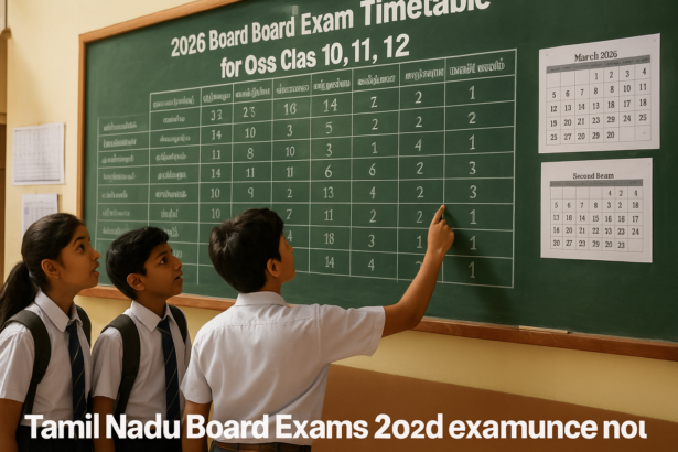 Students checking the Tamil Nadu 2026 board exam timetable on a classroom noticeboard
