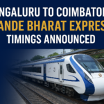 Vande Bharat Express train at railway platform connecting Bengaluru and Coimbatore with passengers and modern design