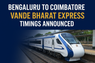 Vande Bharat Express train at railway platform connecting Bengaluru and Coimbatore with passengers and modern design