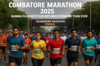Participants running in the Walkaroo Coimbatore Marathon 2025 in Coimbatore city