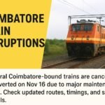 Electric train and railway track representing Coimbatore train cancellations due to maintenance work