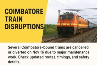 Electric train and railway track representing Coimbatore train cancellations due to maintenance work