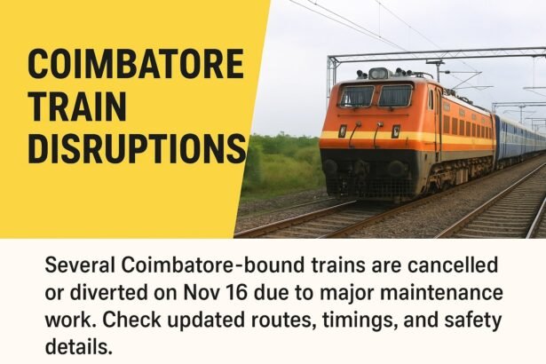 Electric train and railway track representing Coimbatore train cancellations due to maintenance work