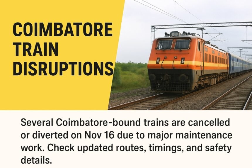 Electric train and railway track representing Coimbatore train cancellations due to maintenance work