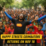 Crowd enjoying the Happy Streets event in Coimbatore with children and families participating in outdoor activities