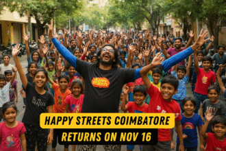 Crowd enjoying the Happy Streets event in Coimbatore with children and families participating in outdoor activities