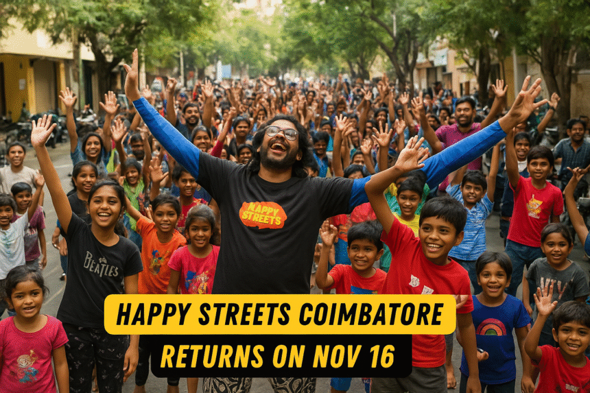 Crowd enjoying the Happy Streets event in Coimbatore with children and families participating in outdoor activities