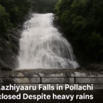 Aazhiyaaru Waterfalls in Pollachi with high water flow after heavy rainfall