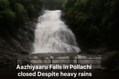 Aazhiyaaru Waterfalls in Pollachi with high water flow after heavy rainfall