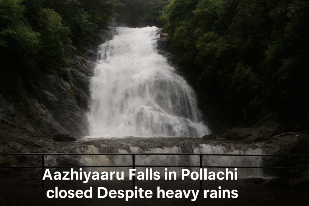 Aazhiyaaru Waterfalls in Pollachi with high water flow after heavy rainfall