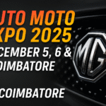MG car grille teaser for Auto Moto Expo 2025 Coimbatore with event dates displayed