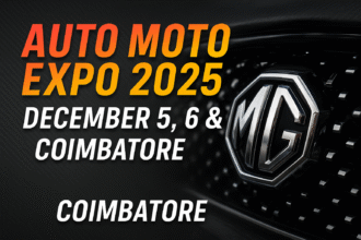 MG car grille teaser for Auto Moto Expo 2025 Coimbatore with event dates displayed