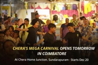 Visitors enjoying dance, shopping, and entertainment at Chera’s Mega Carnival in Coimbatore