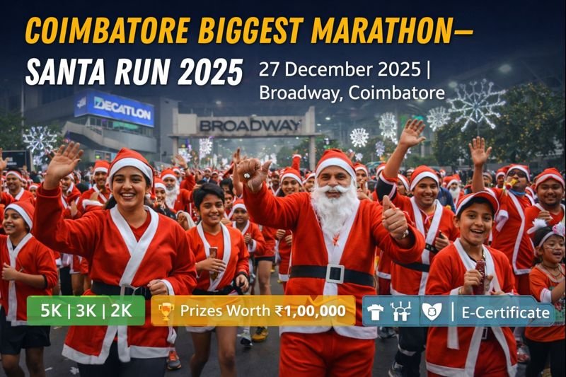 Coimbatore Biggest Marathon Santa Run 2025 at Broadway Decathlon with festive runners