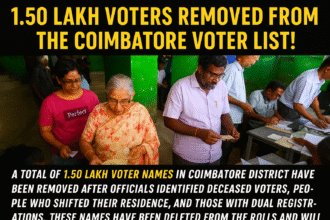 People verifying voter details at a Coimbatore polling station during the voter list update process