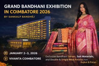 Grand Bandhani Exhibition in Coimbatore 2026 showcasing Sankalp Bandhej Bandhani sarees at Vivanta Hotel