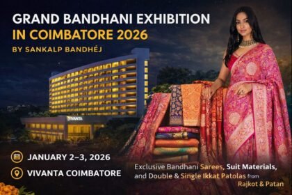 Grand Bandhani Exhibition in Coimbatore 2026 showcasing Sankalp Bandhej Bandhani sarees at Vivanta Hotel