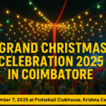 Christmas Carnival 2025 at Pickleball Clubhouse in Coimbatore with lights, games, food stalls, and families enjoying the festive event.