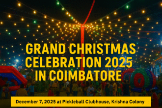 Christmas Carnival 2025 at Pickleball Clubhouse in Coimbatore with lights, games, food stalls, and families enjoying the festive event.