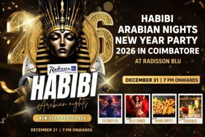 Arabian Nights New Year Party Coimbatore 2026 at Radisson Blu with DJ, belly dance, buffet and cocktails