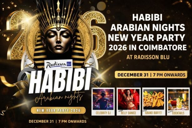Arabian Nights New Year Party Coimbatore 2026 at Radisson Blu with DJ, belly dance, buffet and cocktails