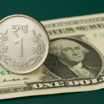 Indian Rupee coin placed over US Dollar note representing currency correction