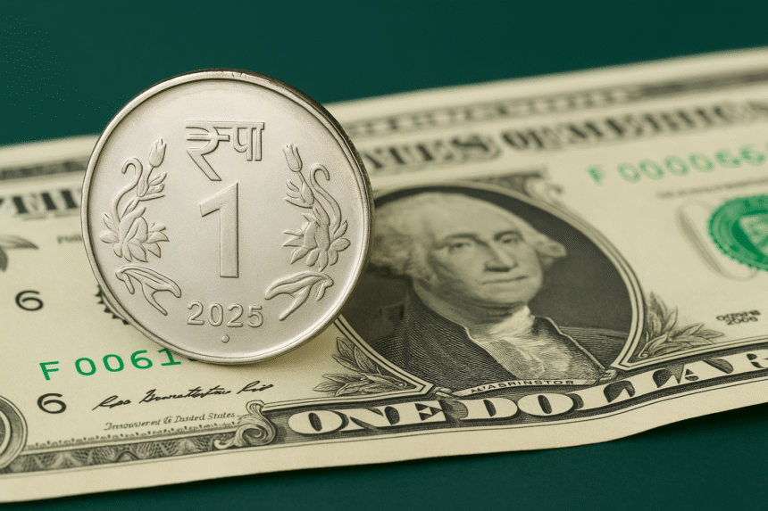 Indian Rupee coin placed over US Dollar note representing currency correction
