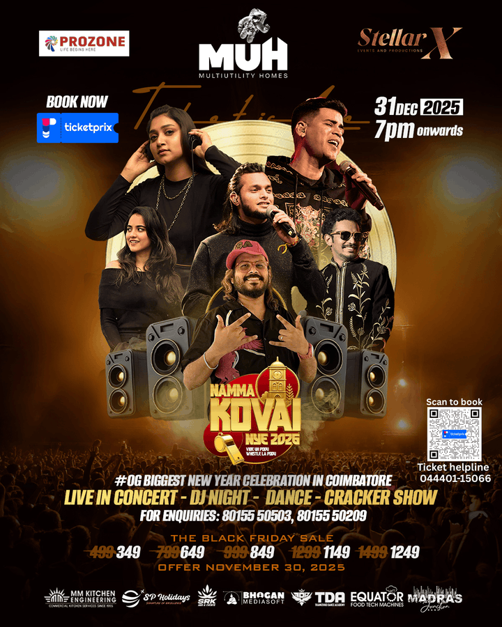 Artists lineup for Namma Kovai NYE 2026 New Year celebration in Coimbatore at Prozone Mall
