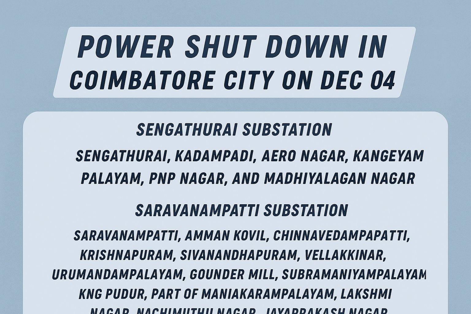 TNEB announces power shutdown in Coimbatore on December 04 with full area list