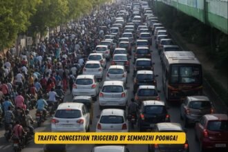 Traffic congestion near Semmozhi Poonga in Gandhipuram Coimbatore due to heavy visitor crowd