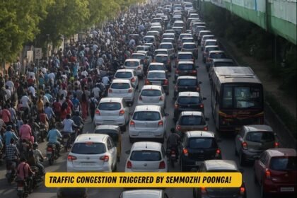 Traffic congestion near Semmozhi Poonga in Gandhipuram Coimbatore due to heavy visitor crowd