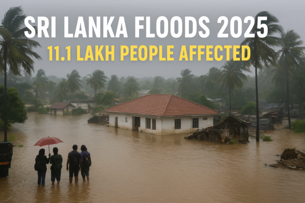 An image showing severe floods in Sri Lanka with damaged houses, heavy rainfall, and rescue operations.