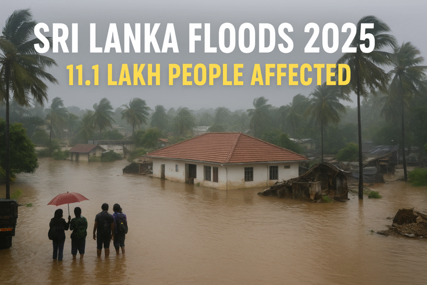 An image showing severe floods in Sri Lanka with damaged houses, heavy rainfall, and rescue operations.