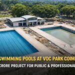 Aerial view of two swimming pools under construction at VOC Park Coimbatore