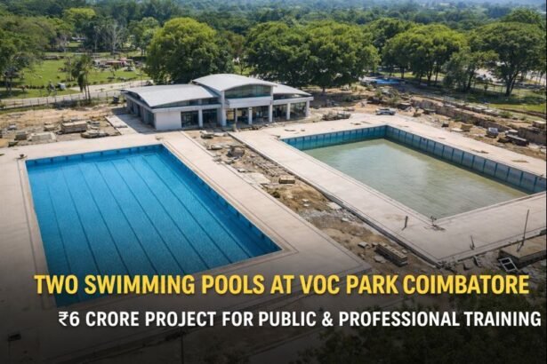Aerial view of two swimming pools under construction at VOC Park Coimbatore