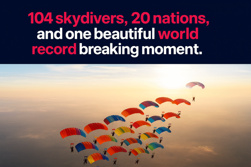 Aerial view of 104 skydivers forming a world record skydiving formation in the sky