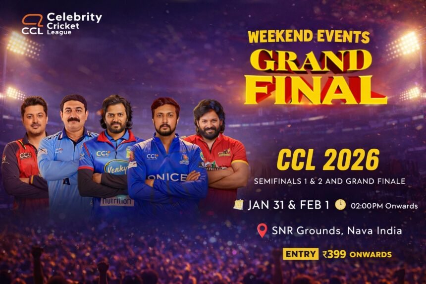 CCL 2026 Grand Final Coimbatore featuring celebrity cricketers at SNR Grounds Nava India