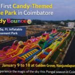 Aerial view of India’s first Candy-Themed Bounce Park in Coimbatore featuring giant inflatable amusement rides for kids and families