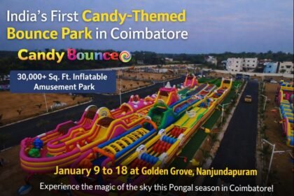 Aerial view of India’s first Candy-Themed Bounce Park in Coimbatore featuring giant inflatable amusement rides for kids and families
