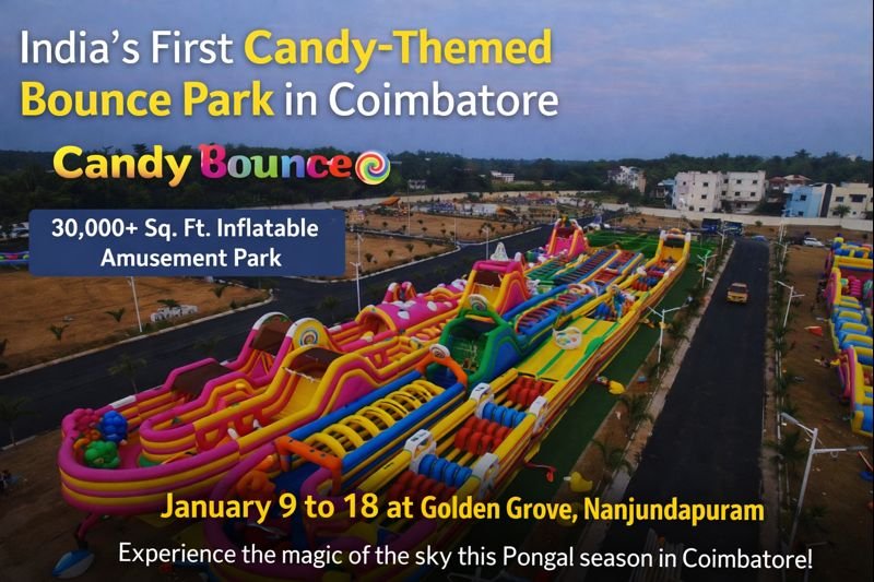 Aerial view of India’s first Candy-Themed Bounce Park in Coimbatore featuring giant inflatable amusement rides for kids and families