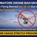Coimbatore Drone Ban News showing no-drone warning issued by Coimbatore police for January 14 and 15