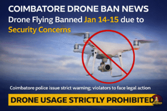 Coimbatore Drone Ban News showing no-drone warning issued by Coimbatore police for January 14 and 15