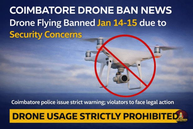 Coimbatore Drone Ban News showing no-drone warning issued by Coimbatore police for January 14 and 15