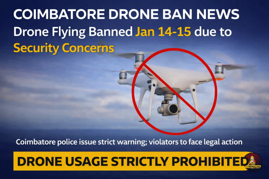 Coimbatore Drone Ban News showing no-drone warning issued by Coimbatore police for January 14 and 15