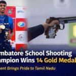 Coimbatore school shooting champion holding medals after winning 14 gold medals in state shooting competition