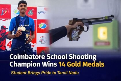 Coimbatore school shooting champion holding medals after winning 14 gold medals in state shooting competition